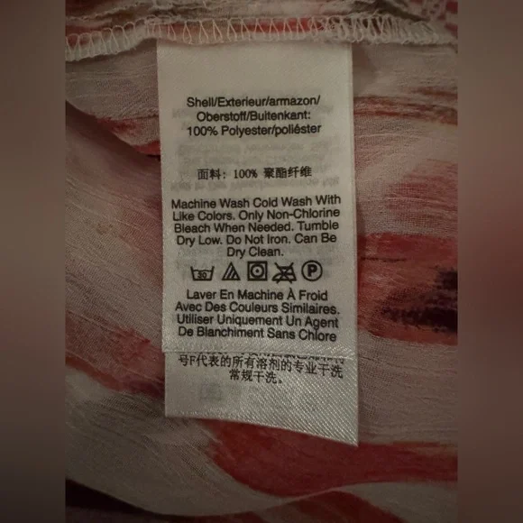 DKNY Women’s Sheer Abstract Chiffon Red and White Patterned Shirt Size L - Picture 7 of 9